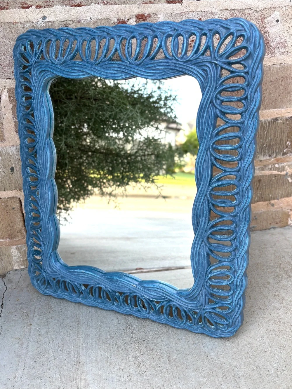 Hoda Mirror Blue 1981 Vintage Faux Wicker 3950 Wall Vertical/Horizontal Accent